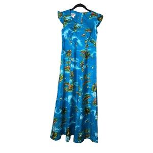 Hukilau‎ Vntg 1960’s Maxi Dress Floral Hawaiian Colorful Blue Small Palm Trees